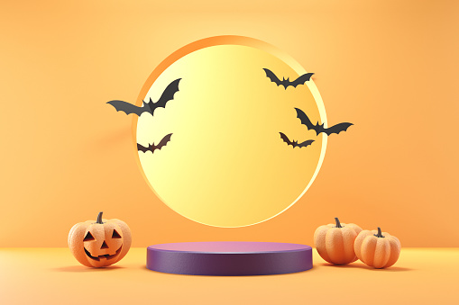 Podium and minimal abstract background for Halloween, 3d rendering, Smiling pumpkin character with bat on geometric shape, Stage for product