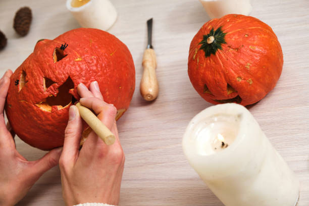 istock Top view of Halloween decorations, items making pumpkin craft 1281036123