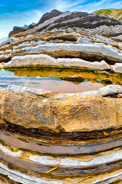 Rocks and rock pools near St Mary's Island on a bright Spring day. Post processed to give a painterly effect.