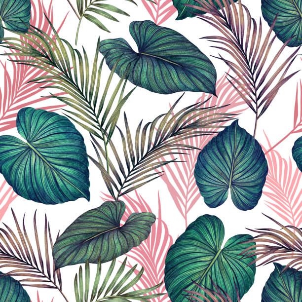 istock Watercolor painting colorful tropical green,pink leaves seamless pattern background.Watercolor hand drawn illustration tropical exotic leaf prints for wallpaper,textile Hawaii aloha summer style. 1281038450