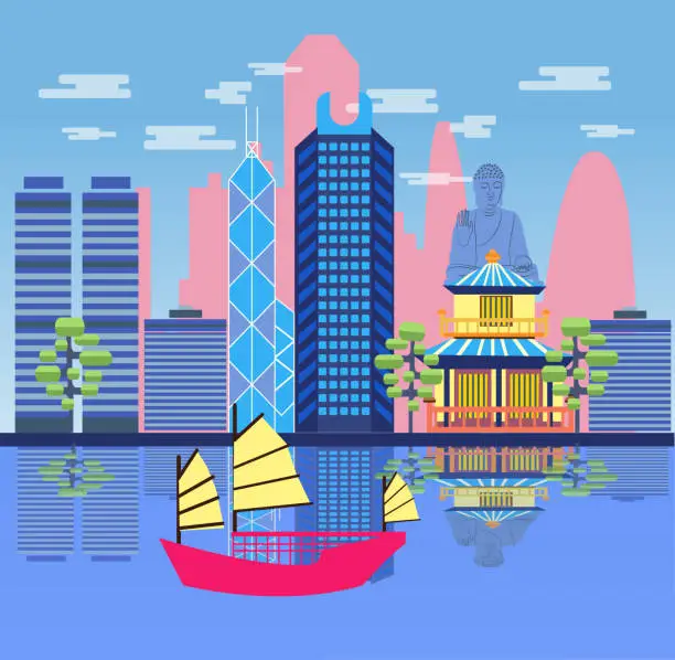 Vector illustration of Travel skyline harbour with tourist junk. Attractive Hong Kong travel concept poster design. Vector illustration in cartoon style.