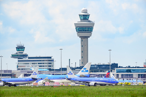 Vijfhuizen, Netherlands - June 28, 2019: Spanish Level Airbus A321-200 with Austrian registration OE-LCP on take off roll on runway 36L (Polderbaan) of Amsterdam Airport Schiphol.