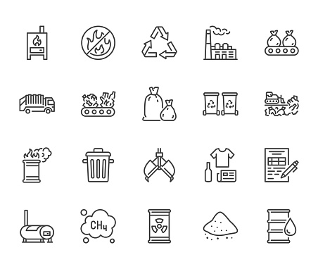 Waste recycling flat line icons set. Garbage bag, truck, incinerator factory, container, bin, rubbish dump vector illustration. Outline signs of trash management. Pixel perfect. Editable Stroke.