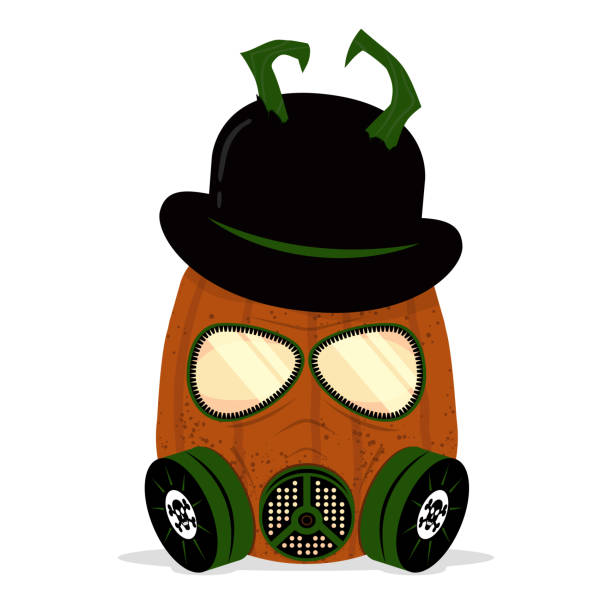 istock Halloween pumpkin in biohazard mask and black hat. Virus and biological danger. Icon, logo, poster, sticker, clothes application template. Vector illustration. 1281045387