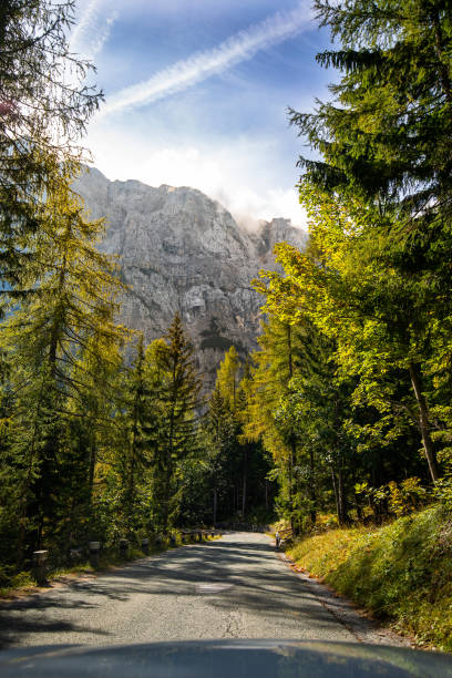 vrsic pass road with landscape in background stock photo