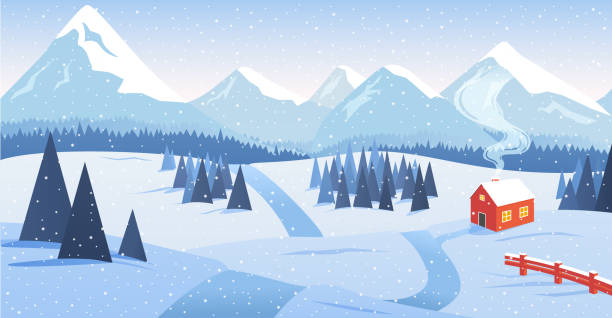 winterberglandschaft mit wald und einsamem haus an der straße mit fallendem schnee. einsiedelei, askese, ruhe von menschen, einsamkeit, vektor-illustration - wintry landscape stock-grafiken, -clipart, -cartoons und -symbole