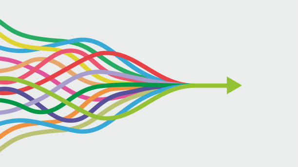 Vector illustration. Colorful lines intertwined in arrow. Dimensions 16:9. Easy to adjuste colors. Each color is one curve. connections stock illustrations