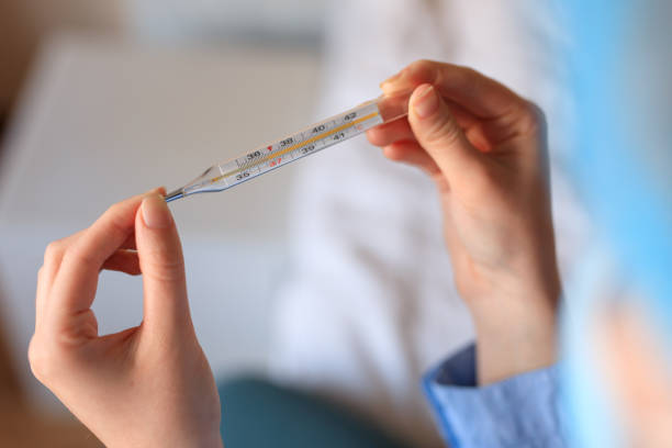 istock Closeup female hands holding thermometer 1281049172