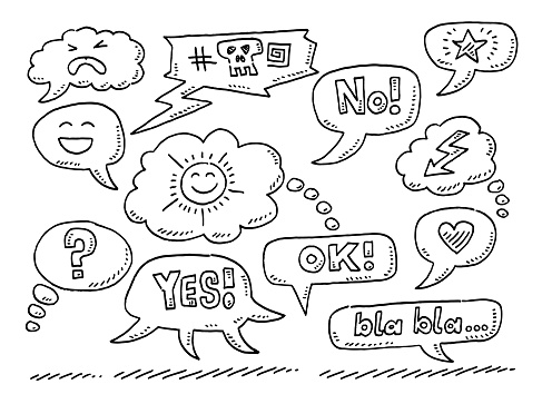 Hand-drawn vector drawing of a Set Of Comic Speech Bubbles. Black-and-White sketch on a transparent background (.eps-file). Included files are EPS (v10) and Hi-Res JPG.