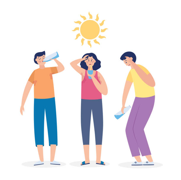 Summer heatstroke risk with cartoon people flat vector illustration isolated. Summer heatstroke risk with cartoon people suffering from heat and taking measures to prevent overheating, flat vector illustration isolated on white background. weather protection clothing stock illustrations