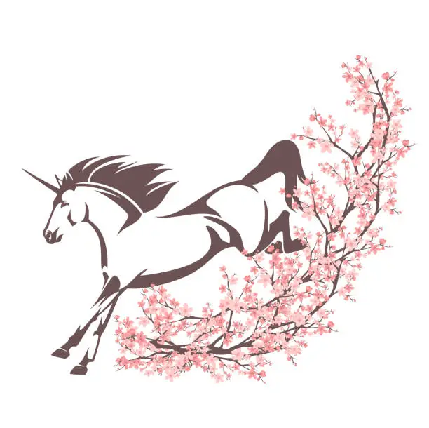Vector illustration of unicorn horse among blooming cherry tree branches vector outline