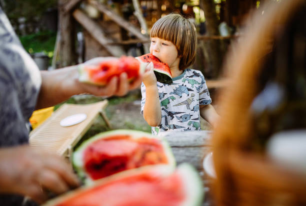 istock Young kid enjoying in watermelon taste 1281052701