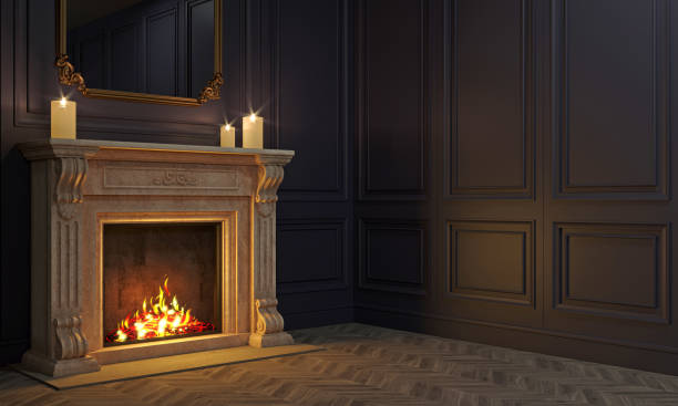 istock Classic fireplace in a vintage night room 1281053787