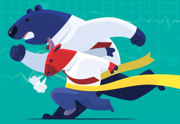 Vector illustration of bull racing with bear