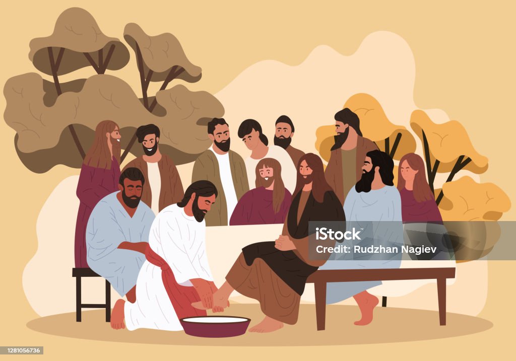 Jesus washes the feet of the apostles Biblical scene. Jesus washes the feet of the apostles. Flat cartoon vector illustration. Jesus Christ stock vector