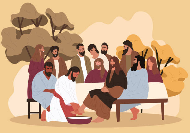 Jesus washes the feet of the apostles Biblical scene. Jesus washes the feet of the apostles. Flat cartoon vector illustration. peter the apostle stock illustrations