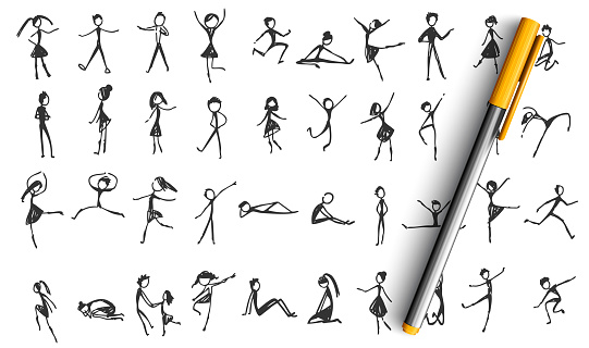 Manikins doodle set. Collection of hand drawn sketches templates patterns of happy and sad drawing comic people males females on white background. Dancing resting little stickmen women illustration.