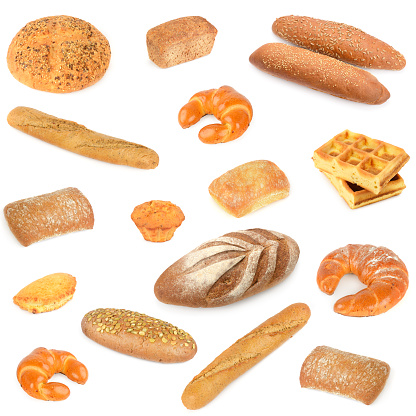 Diverse set fresh and healthy bread products isolated on white background.