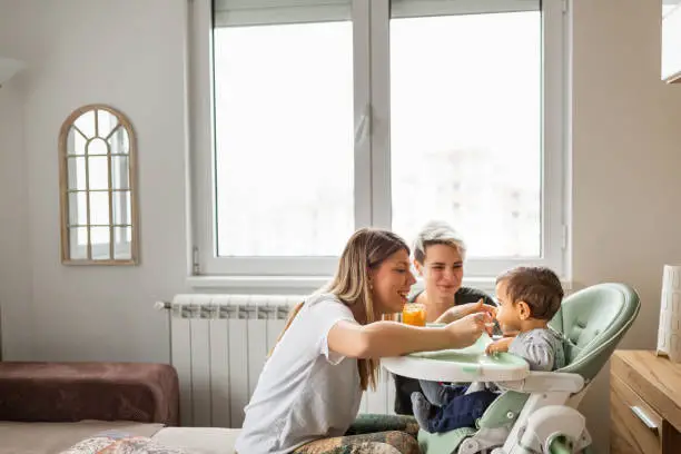 Family life. Lesbian couple with baby at home. One of them spoon feeding baby who is seated in a high chair in the living room