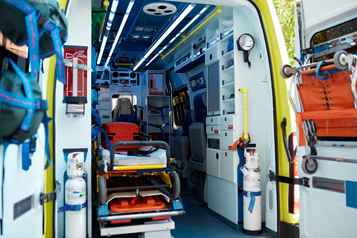 Covid\nReal hospital concepts\nEmpty interior of an emergency ambulance