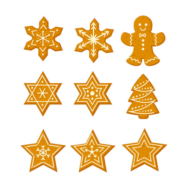 Gingerbread  Christmas cookies set with stars snowflakes Christmas tree and ginger man vector Gingerbread  Christmas cookies set with stars snowflakes Christmas tree and ginger man vector illustration in a cartoon flat style isolated on white background. gingerbread man cookie cutter stock illustrations