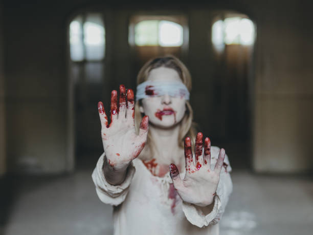 istock Blind woman lost in dungeon. Halloween themed image. 1281065024