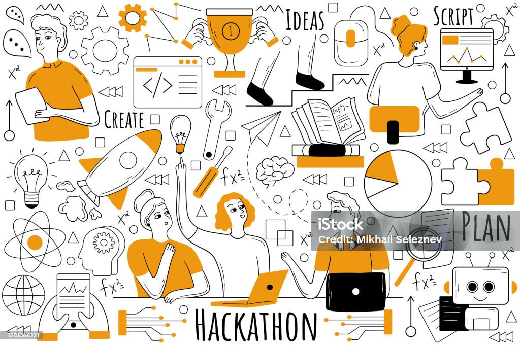 Hackathon doodle set Hackathon doodle set. Collection of hand drawn sketches template patterns of team of programmers web developers designers collaborating on software project. Programming and coding illustration. Hackathon stock vector