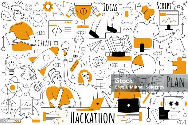 Hackathon Doodle Set Stock Illustration - Download Image Now - Hackathon, Coding, Sketch