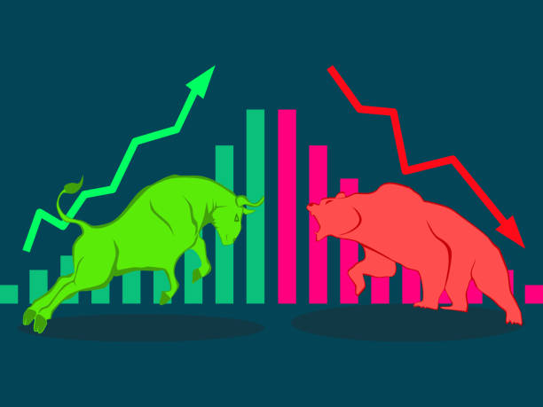 ilustrações, clipart, desenhos animados e ícones de vetor de gráfico de barras financeiras do mercado de ações de touro e urso - bear market finance business cartoon