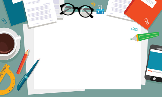 Top view of desktop background, phone, documents, coffee, folder, planner, glasses, paper, stationery. Workplace for business, study. Vector illustration.