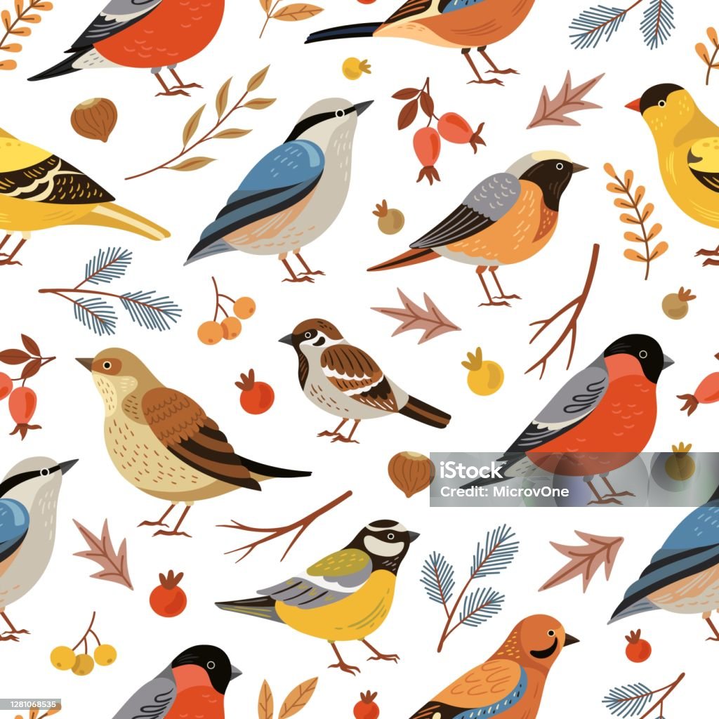 Forest winter birds pattern. Forest animal background, flat snowy tree branches. Holiday bullfinch leaves berries, wildlife vector texture Forest winter birds pattern. Forest animal background, flat snowy tree branches. Holiday bullfinch leaves berries, wildlife vector texture. Seasonal drawing pattern, wild winter birds illustration Bird stock vector