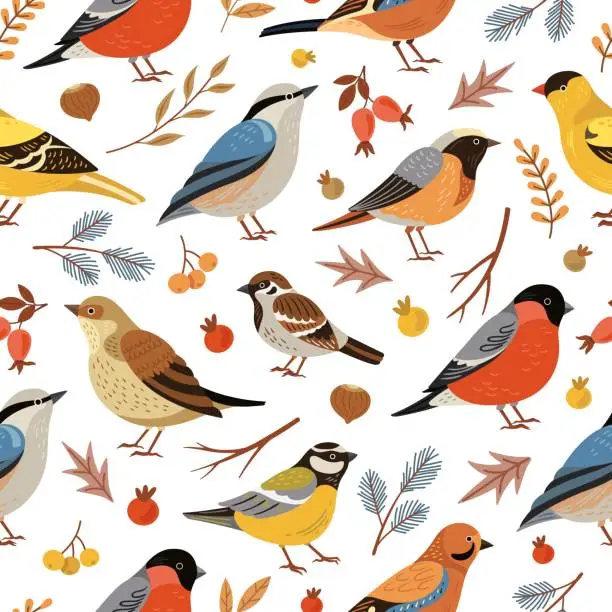 Vector illustration of Forest winter birds pattern. Forest animal background, flat snowy tree branches. Holiday bullfinch leaves berries, wildlife vector texture