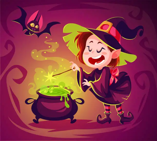 Vector illustration of Cute cartoon witch character. Happy halloween vector illustration. Character concept art. Witch cooking poison in a cauldron. Spooky witchcraft. Flying bat.