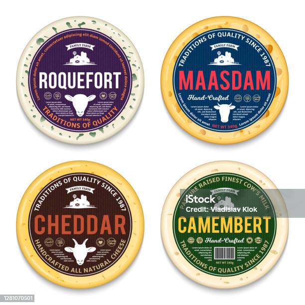 Cheese Packet Vector Vector Cheese Round Labels And Cheese Packaging Mockup Stock ...