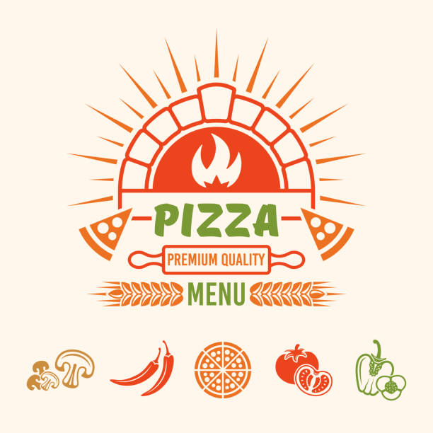 pizza-menü vektor farbiges emblem, etikett, mit backsteinofen und design-elemente für restaurant-menü - brick oven stock-grafiken, -clipart, -cartoons und -symbole