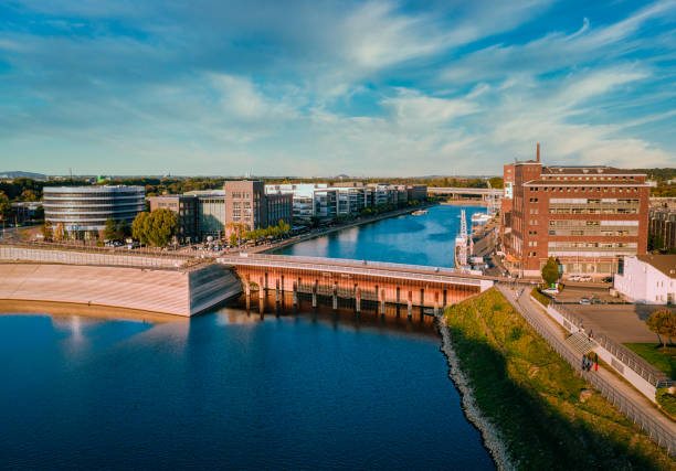 Drone view of the harbour in Duisburg, Germany