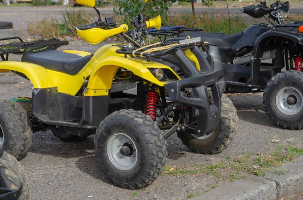 istock Group of random quad bikes in  line outdoors. 1281073820