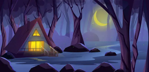 Vector illustration of Wooden cottage house in the night forest, on the edge of a swamp. Light in the house windows, wooden stairs. Fireflies fly at night in the deep forest with Scary trees. Vector illustration