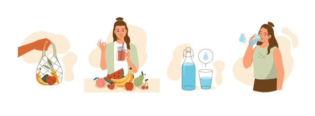 illustrations, cliparts, dessins animés et icônes de sain - water women glass healthy eating