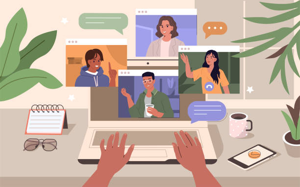 video conference People Character working Remote at Home and using Laptop for Video Meeting with Colleagues and Friends. Online Discussion and Video Conference Concept. Flat Isometric Vector Illustration. video meeting stock illustrations