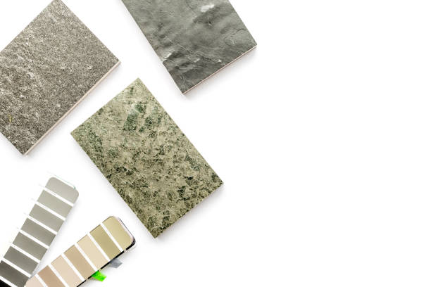 istock Interior design selection of material samples with color scheme. Top view 1281075070