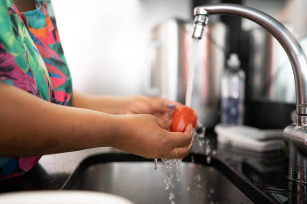 Hands of a woman washing tomatoes at home