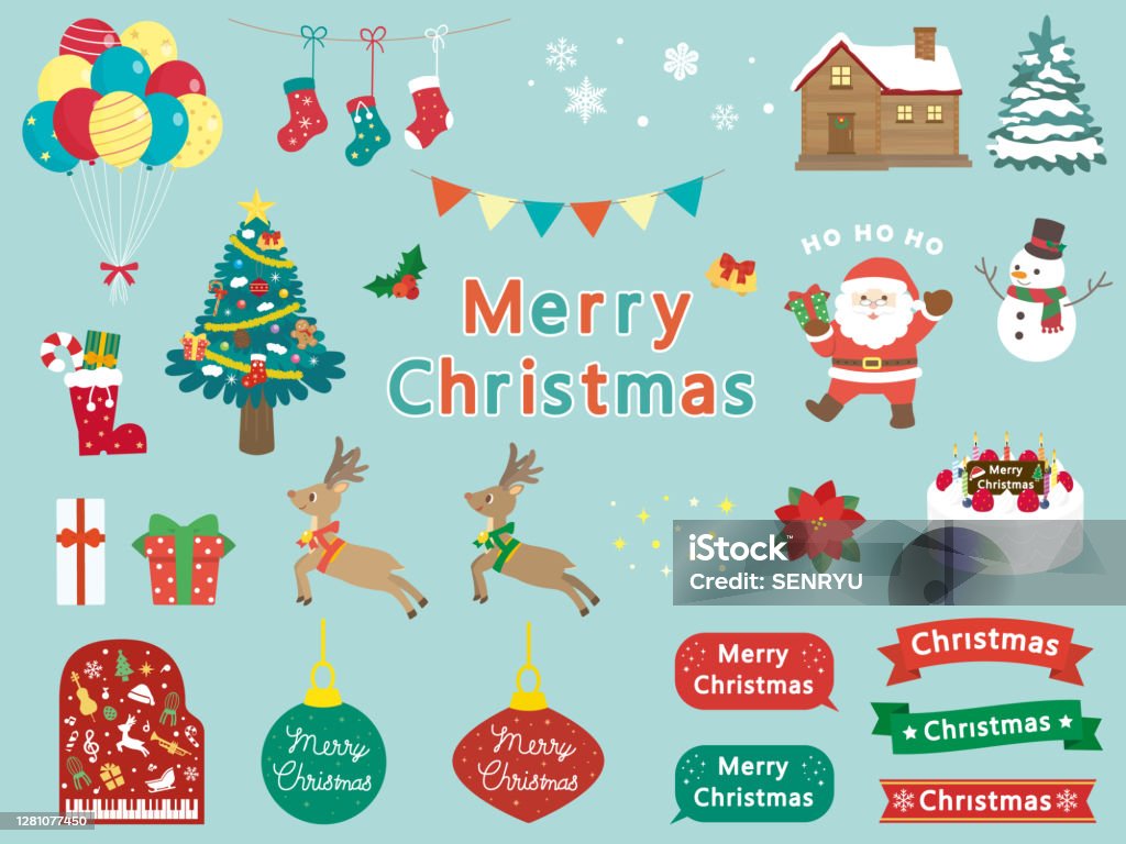 Christmas Illustration Material Set Stock Illustration - Download Image Now  - Backgrounds, Balloon, Cake - iStock