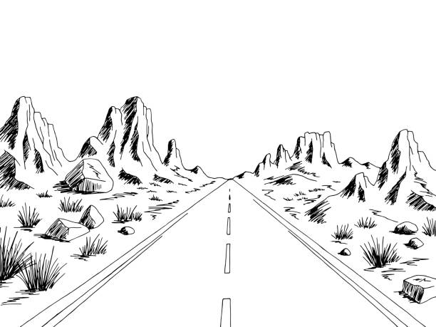ilustrações, clipart, desenhos animados e ícones de pradaria estrada gráfico preto branco paisagem paisagem de esboço de ilustração vetor - rock stone cliff cartoon