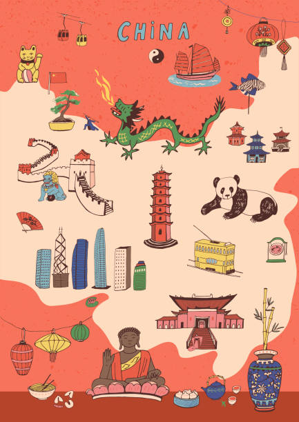China hand drawn vector map China hand drawn vector map hand drawn print old shanghai street stock illustrations