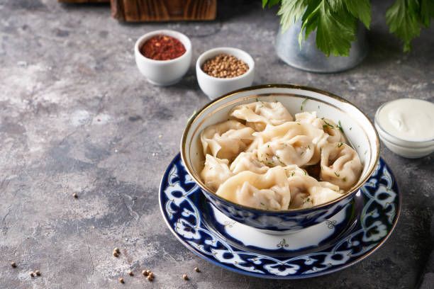 istock Traditional azian Manti, dumplings with minced meat Close up 1281079013