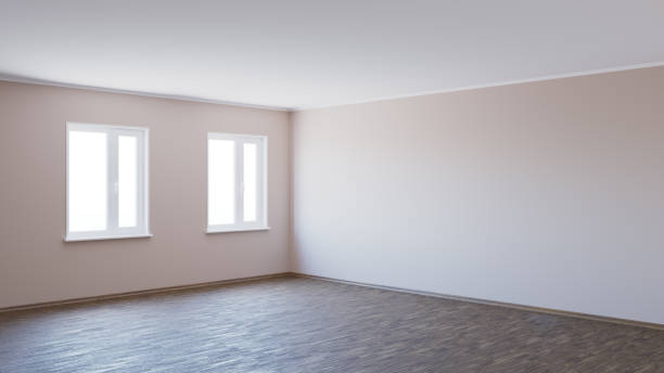 istock 8K Ultra HD Empty Interior Corner with Beige Walls, Dark Parquet Floor, Two White Plastic Windows, and Wooden Plinth with Work Path on Windows 1281079046