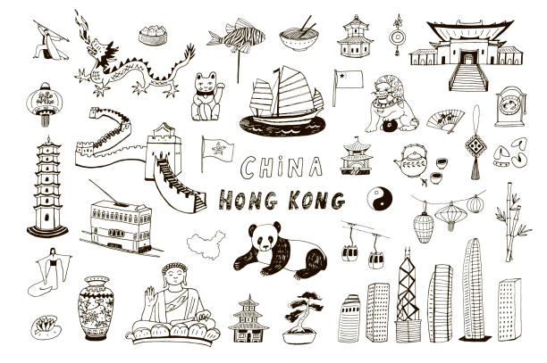 China Hong Kong vector illustrations set China Hong Kong hand drawn objects vector illustrations set chinese panda stock illustrations