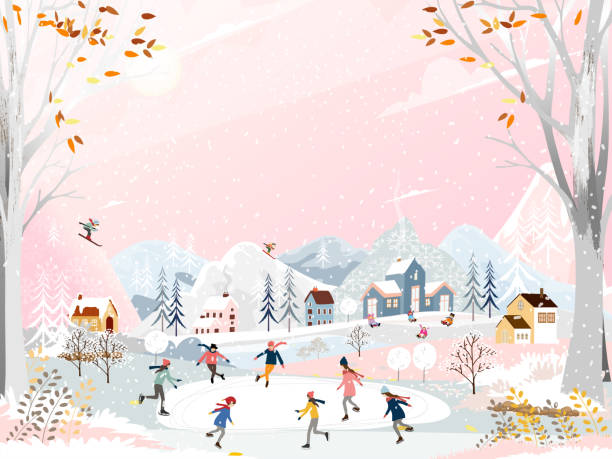ilustraciones, imágenes clip art, dibujos animados e iconos de stock de paisaje de invierno por la noche con la gente divirtiéndose haciendo actividades al aire libre en año nuevo, paisaje de la ciudad de vector en las vacaciones de navidad con la celebración de la gente, niños jugando patines de hielo, adolescentes esquia - ice skating