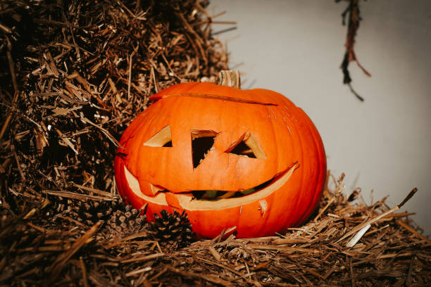 istock Halloween pumpkin stands decoratively on a straw bale 1281079981